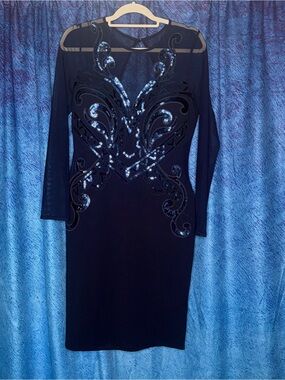 Navy Long-Sleeve Sequin-Detail Evening Dress